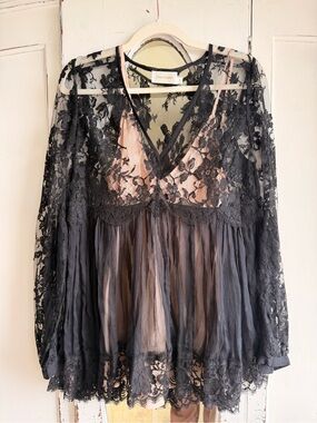 Zimmermann Black Lace & Blush Sheer Slip Tunic